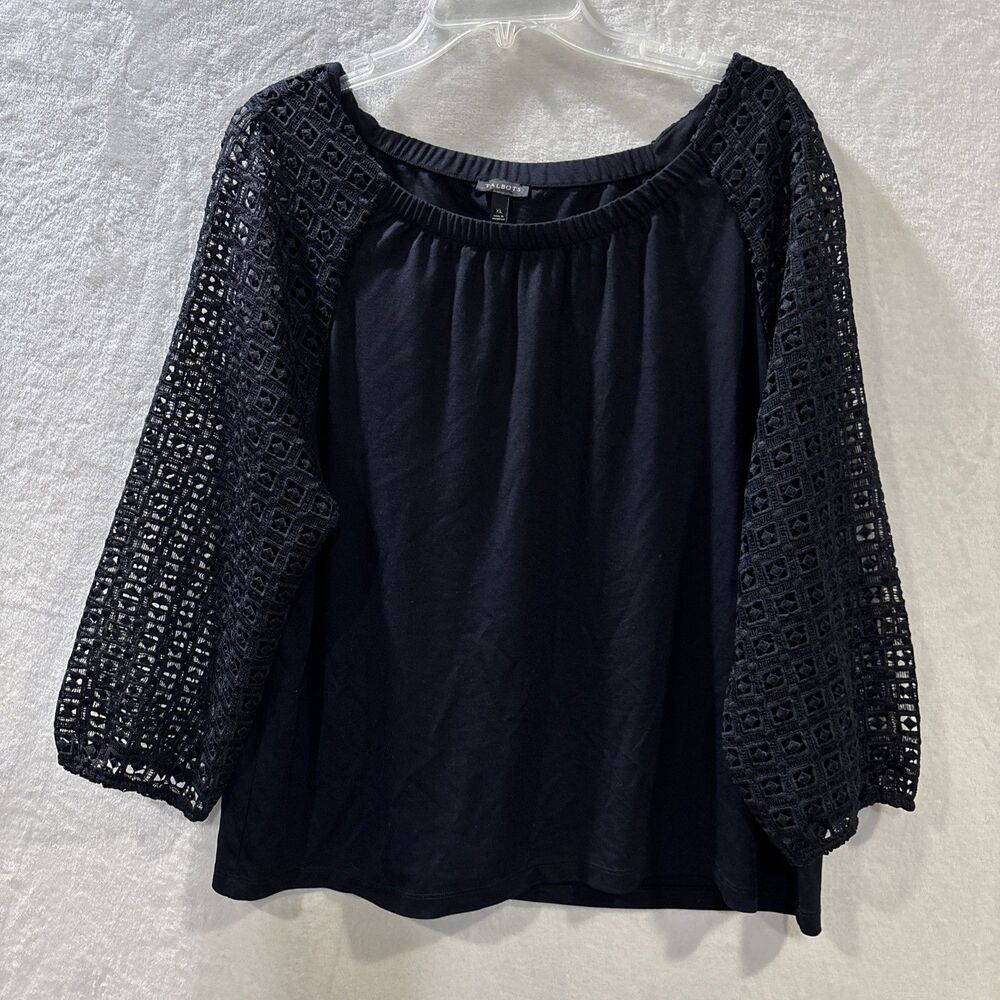 Talbots Navy Blue Crochet Knit Lace 3/4 Sleeve Blouse Top Women's Size XL Preppy
